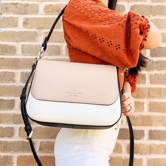 kate spade Handbags - Kate Spade Staci Colorblock Saffiano Leather Flap Shoulder Bag Warm Beige Multi